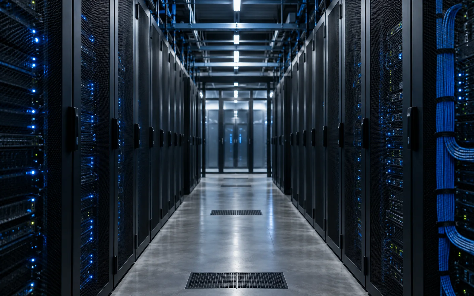 An aisle of neatly arranged server racks.
